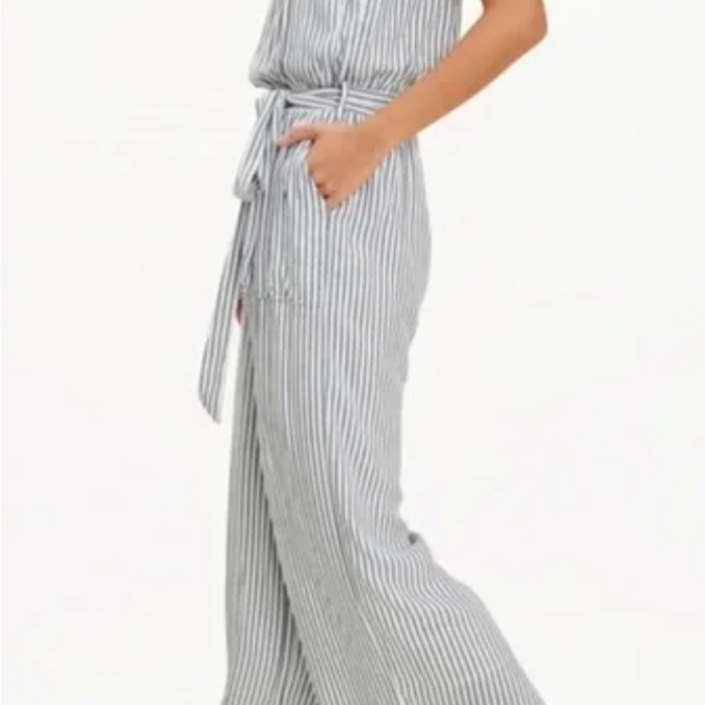 GAP Blue/White Striped Sleeves Jumpsuit Romper with Tie-Waist (small)